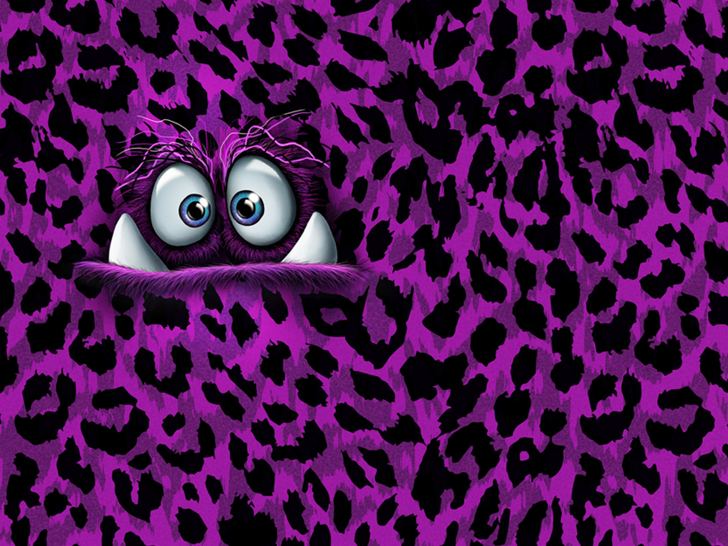 French Terry fabric panel featuring a playful monster design in lilapink with leopard print backgrounds.