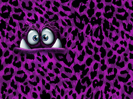 French Terry fabric panel featuring a playful monster design in lilapink with leopard print backgrounds.