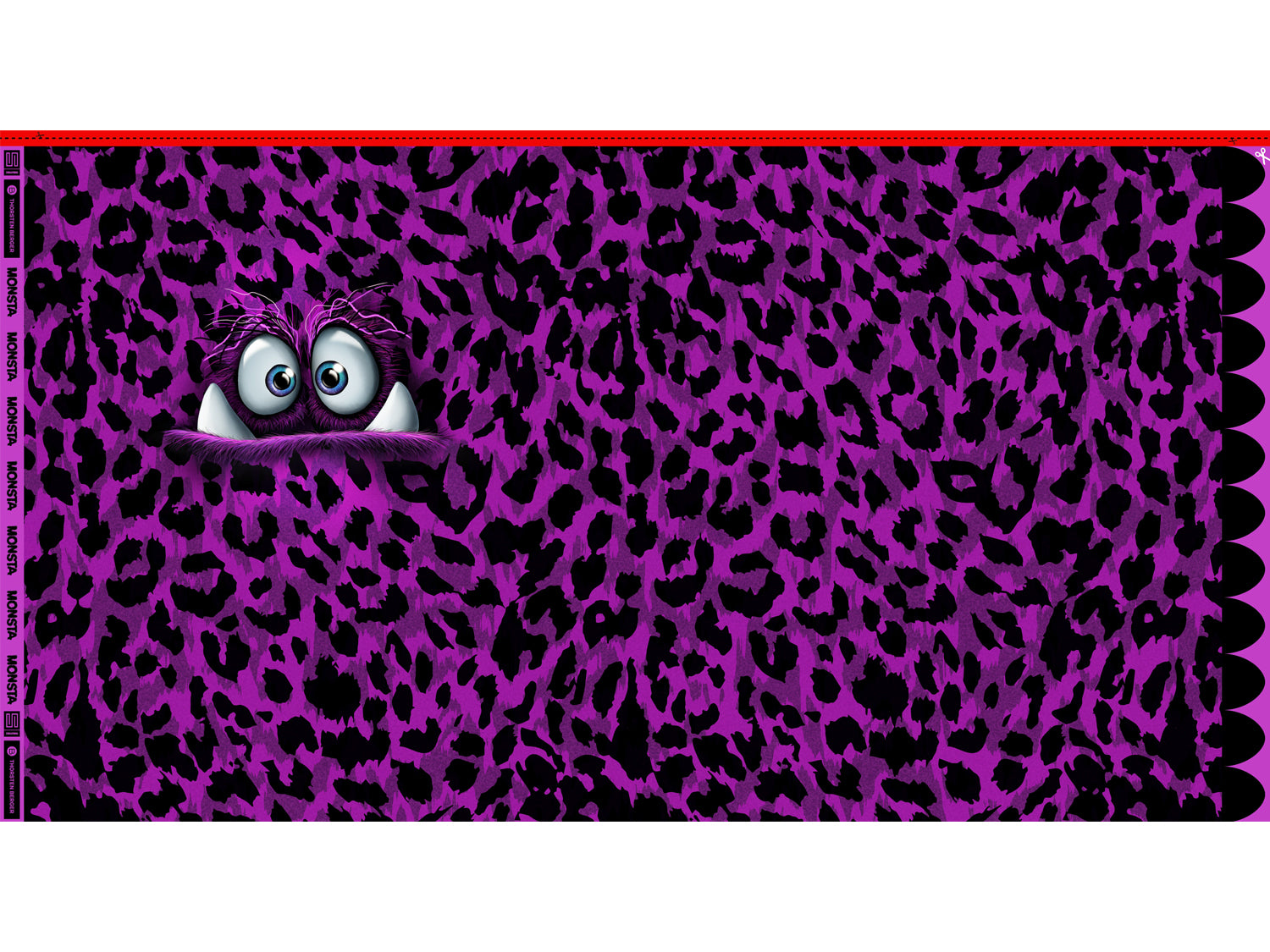 French Terry fabric panel featuring a playful monster design on a purple leopard print background.