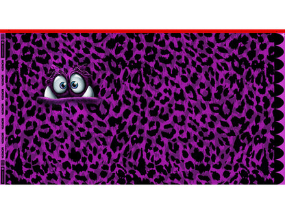 French Terry fabric panel featuring a playful monster design on a purple leopard print background.