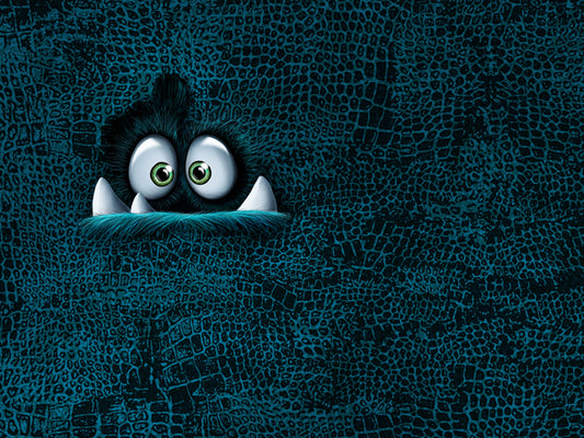French Terry fabric panel for sewing featuring a playful monster design in petrol color.