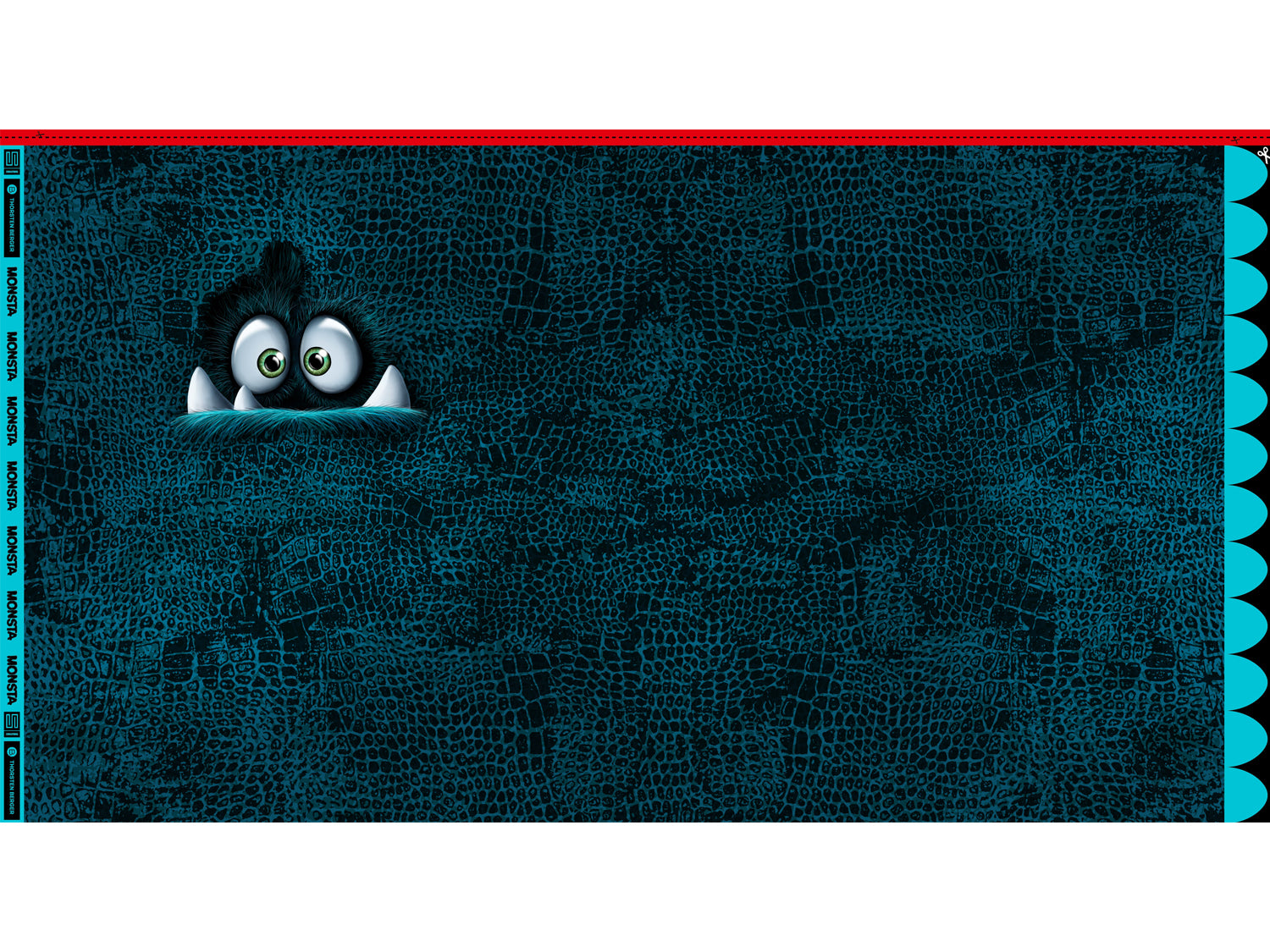 French Terry fabric panel for sewing featuring a playful character peeking out against a textured dark background.