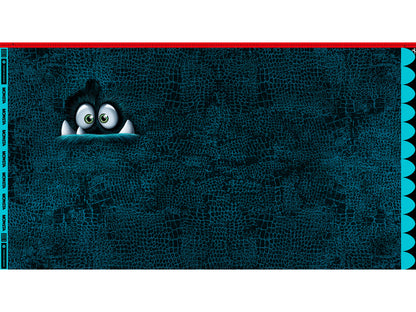 French Terry fabric panel for sewing featuring a playful character peeking out against a textured dark background.