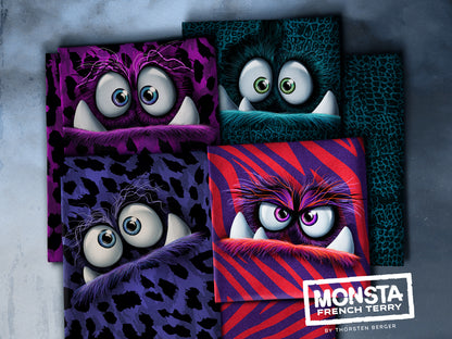 French Terry panel fabric featuring colorful monster designs by Thorsten Berger, perfect for playful projects.