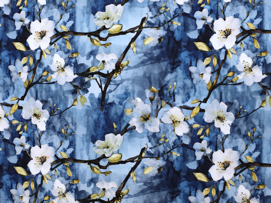 French Terry - Blüten Zweige - blau