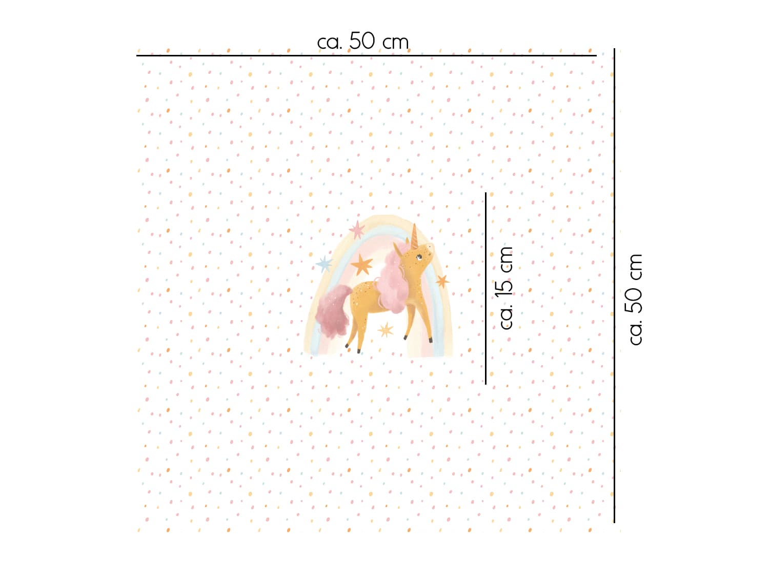 stoff-french-terry-sommersweat-kathi-kunterbunt-regenbogen-einhorn-magic-blumen-panel-senf-tupfen