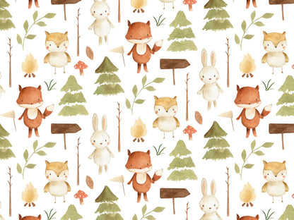 stoff-french-terry-sommersweat-kleine-waldtiere-waldfreunde-fuchs-hase-eule-wald-pilz