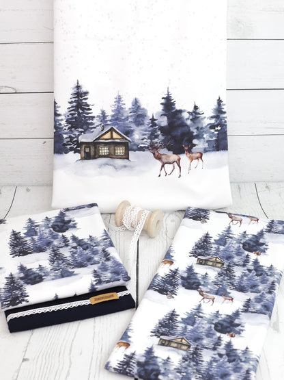 stoff-french-terry-sommersweat-sweat-kathi-kunterbunt-blue-christmas-winter-weihnachten-schnee-wald-forest-reh-haus-serie