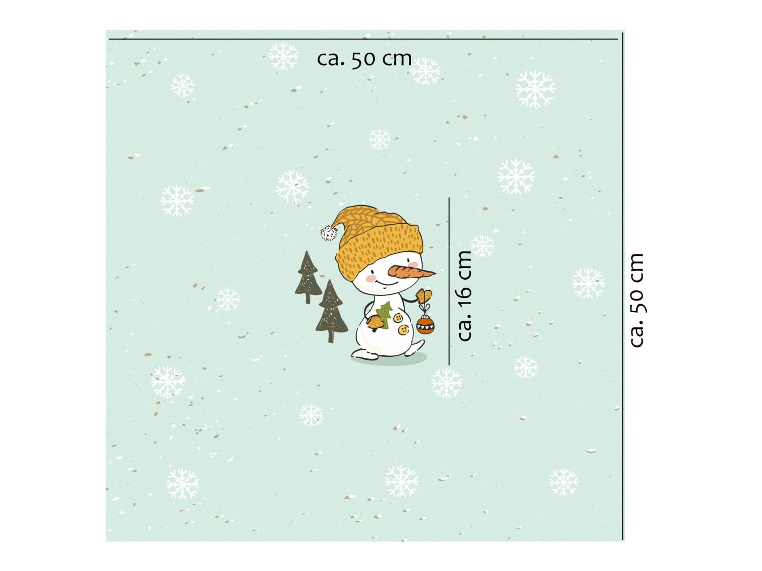 stoff-french-terry-sommersweat-sweat-unangeraut-baumwolle-kathi-kunterbunt-weihnachten-winter-schneemann-tannenbaum-schnee-schneeflocken-mint-panel-schneemann-mit-baumschmuck-masse