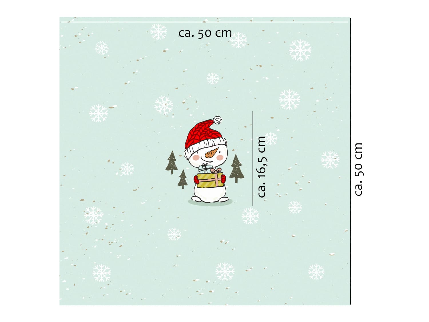 stoff-french-terry-sommersweat-sweat-unangeraut-baumwolle-kathi-kunterbunt-weihnachten-winter-schneemann-tannenbaum-schnee-schneeflocken-mint-panel-schneemann-mit-geschenk-masse