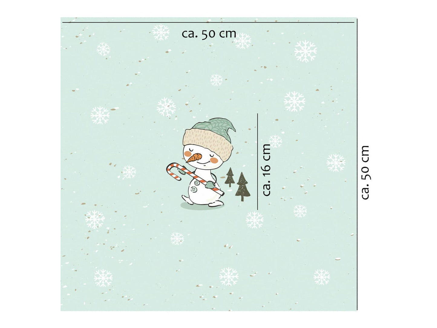 stoff-french-terry-sommersweat-sweat-unangeraut-baumwolle-kathi-kunterbunt-weihnachten-winter-schneemann-tannenbaum-schnee-schneeflocken-mint-panel-schneemann-mit-zuckerstange-mass