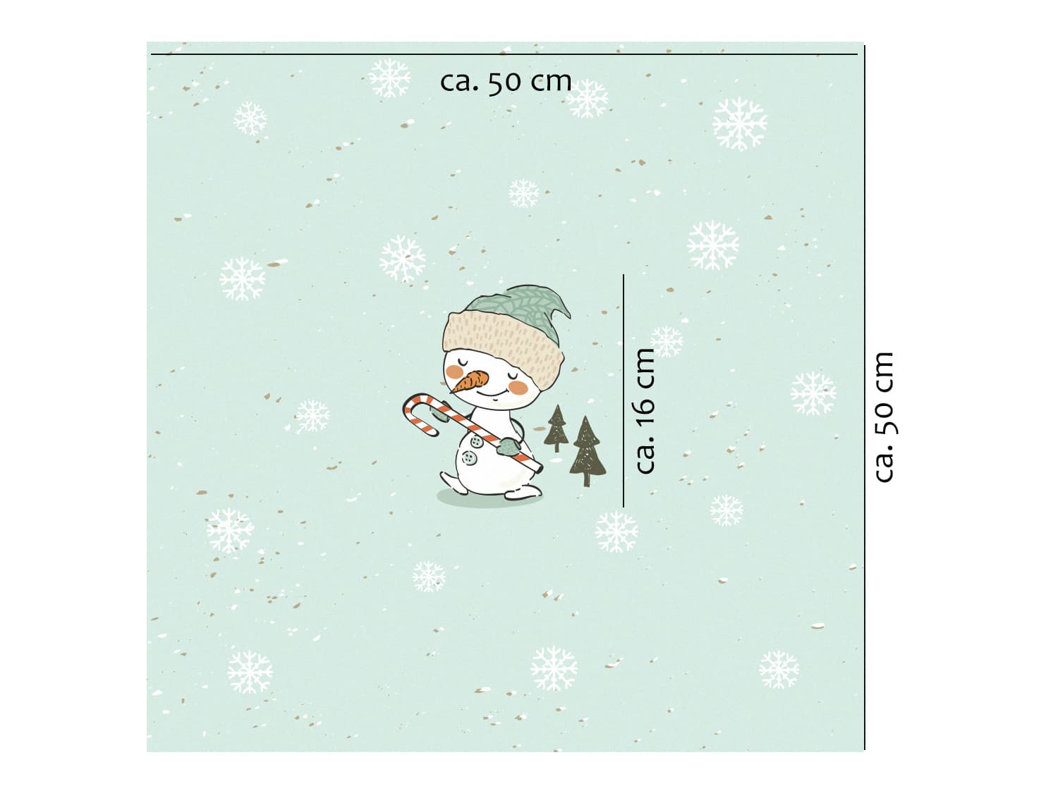 stoff-french-terry-sommersweat-sweat-unangeraut-baumwolle-kathi-kunterbunt-weihnachten-winter-schneemann-tannenbaum-schnee-schneeflocken-mint-panel-schneemann-mit-zuckerstange-mass