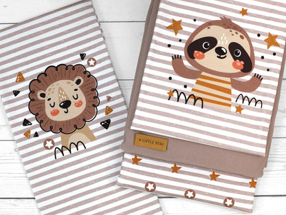 stoff-french-terry-sommersweat-sweat-unangeraut-kathi-kunterbunt-faultier-loewe-sterne-braun-ocker-serie-panel