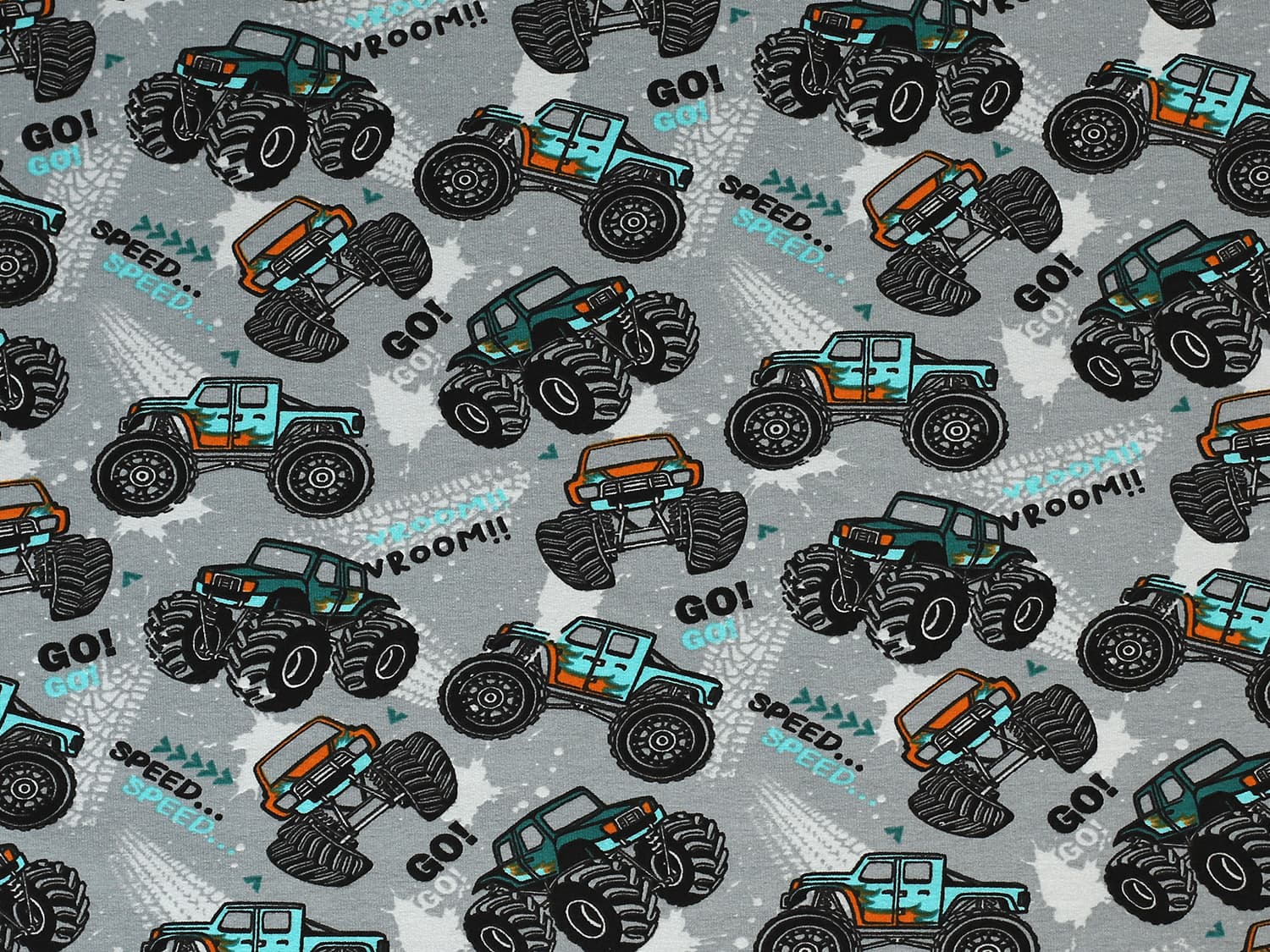 stoff-french-terry-sommersweat-unangeraut-baumwolle-monster-truck-fahrzeug-speed-vroom-hellgrau