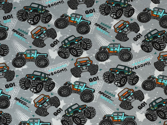 stoff-french-terry-sommersweat-unangeraut-baumwolle-monster-truck-fahrzeug-speed-vroom-hellgrau