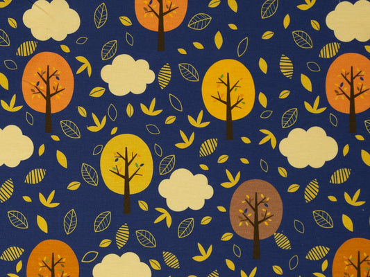 stoff-french-terry-sommersweat-unangeraut-swafing-tomke-herbst-winter-2023-24-herbstwald-baeume-blaetter-royalblau