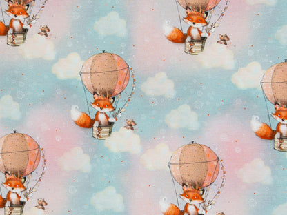 French Terry Stoff - Little Fox & Friends - Heißluftballon Wolken, bunt