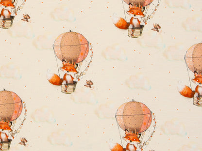 French Terry Stoff - Little Fox & Friends - Heißluftballon Wolken, natur