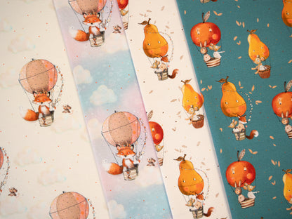 French Terry Stoff - Little Fox & Friends - Heißluftballon Wolken, natur