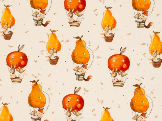 French Terry Stoff - Little Fox & Friends - Heißluftballon Obst, natur