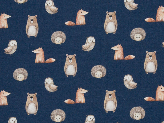 French Terry Stoff - Herbsttiere, jeansblau