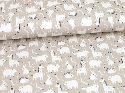 stoff-french-terry-sweat-sommersweat-baumwolle-tiere-baby-animals-kleine-wildtiere-giraffe-baer-igel-hase-fuchs-wolf-hase-beige-weiss-2