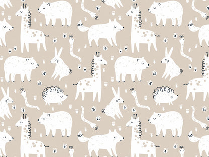 stoff-french-terry-sweat-sommersweat-baumwolle-tiere-baby-animals-kleine-wildtiere-giraffe-baer-igel-hase-fuchs-wolf-hase-beige-weiss