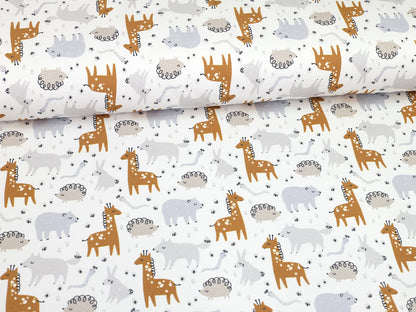 stoff-french-terry-sweat-sommersweat-baumwolle-tiere-baby-animals-kleine-wildtiere-giraffe-baer-igel-hase-fuchs-wolf-hase-weiss-ocker-beige-grau-2
