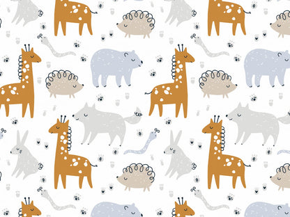 stoff-french-terry-sweat-sommersweat-baumwolle-tiere-baby-animals-kleine-wildtiere-giraffe-baer-igel-hase-fuchs-wolf-hase-weiss-ocker-beige-grau