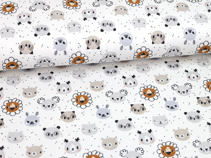 stoff-french-terry-sweat-sommersweat-baumwolle-tiere-baby-animals-kleine-wildtiere-kopf-koepfe-tupfen-loewe-koala-katze-reh-baer-panda-waschbaer-beige-grau-blau-weiss-2