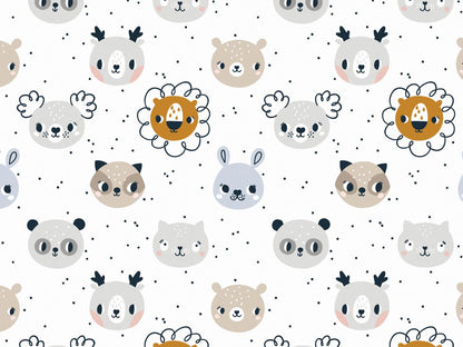 stoff-french-terry-sweat-sommersweat-baumwolle-tiere-baby-animals-kleine-wildtiere-kopf-koepfe-tupfen-loewe-koala-katze-reh-baer-panda-waschbaer-beige-grau-blau-weiss