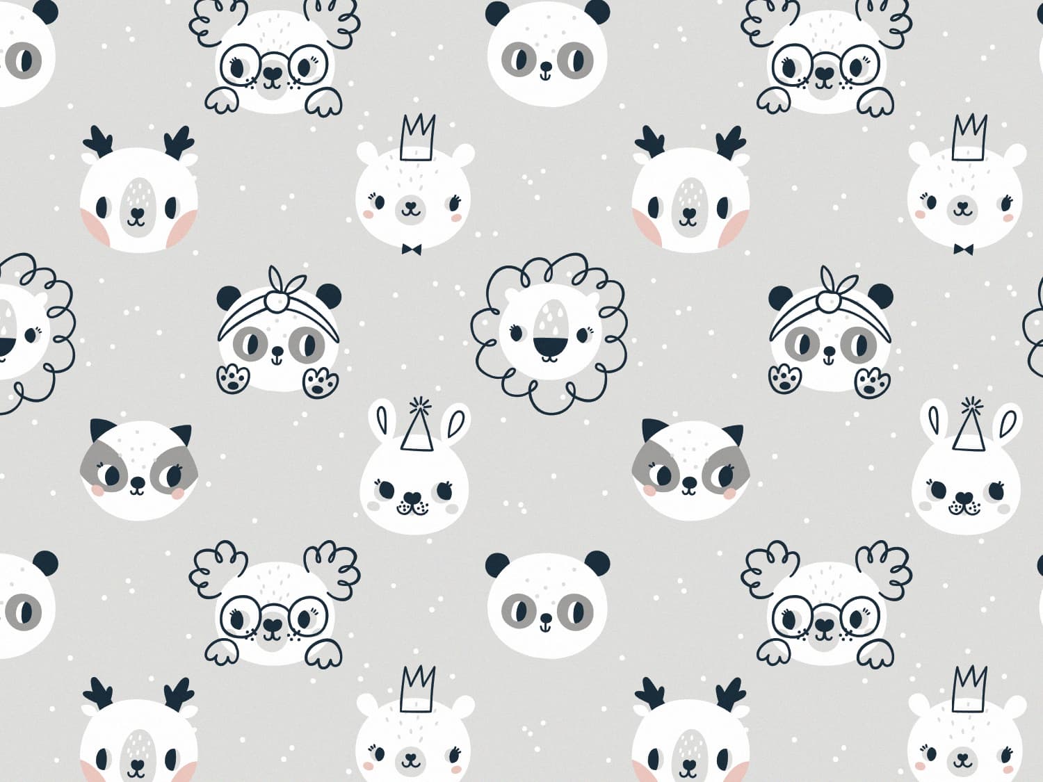 stoff-french-terry-sweat-sommersweat-baumwolle-tiere-baby-animals-kleine-wildtiere-kopf-koepfe-tupfen-loewe-koala-katze-reh-baer-panda-waschbaer-grau-weiss
