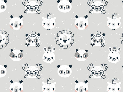 stoff-french-terry-sweat-sommersweat-baumwolle-tiere-baby-animals-kleine-wildtiere-kopf-koepfe-tupfen-loewe-koala-katze-reh-baer-panda-waschbaer-grau-weiss