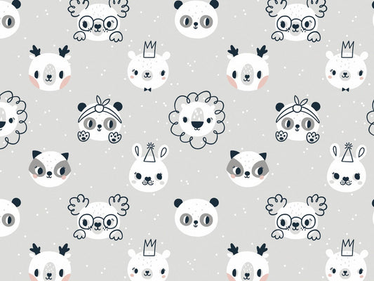 stoff-french-terry-sweat-sommersweat-baumwolle-tiere-baby-animals-kleine-wildtiere-kopf-koepfe-tupfen-loewe-koala-katze-reh-baer-panda-waschbaer-grau-weiss