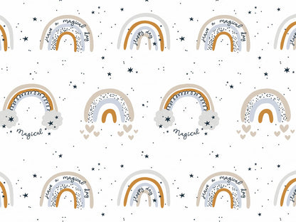 stoff-french-terry-sweat-sommersweat-baumwolle-tiere-baby-animals-kleine-wildtiere-regenbogen-have-a-magical-day-grau-beige-ocker-weiss