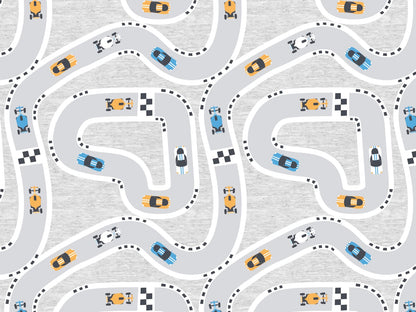 stoff-french-terry-sweat-sommersweat-rennauto-auto-fahrbahn-grau-meliert-senf-blau