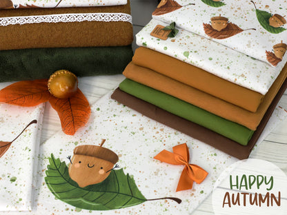 stoff-french-terry-sweat-sommersweat-unangeraut-kathi-kunterbunt-happy-autumn-herbst-eichel-watercolor-aquarell-sprenkel-blatt-leaves-braun-gruen-serie