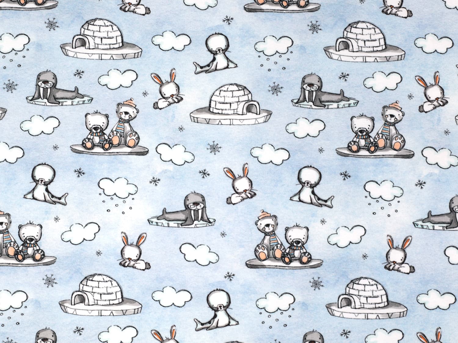 stoff-french-terry-sweat-sommersweat-unangeraut-robbe-baer-hase-wolken-schneeflocken-blau