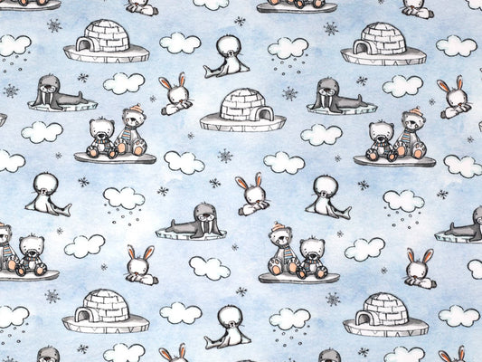 stoff-french-terry-sweat-sommersweat-unangeraut-robbe-baer-hase-wolken-schneeflocken-blau
