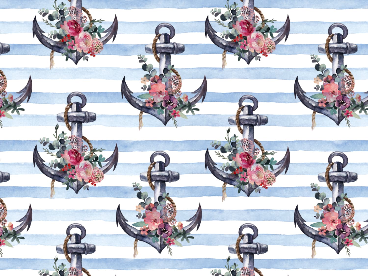 stoff-french-terry-sweat-sommersweat-unangeraut-watercolor-aquarell-anker-anchor-maritim-nautical-streifen-stripes-blumen-flower-blau