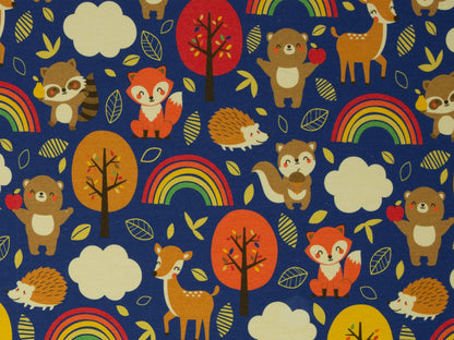 French Terry fabric - autumn forest, trees - royal blue