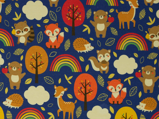 French Terry Stoff - Herbstwald, Tiere & Regenbogen - royalblau