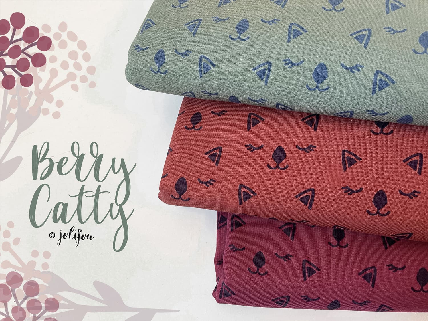 stoff-french-terry-unangeraut-baumwolle-swafing-jolijou-berry-catty-katze-beere-serie