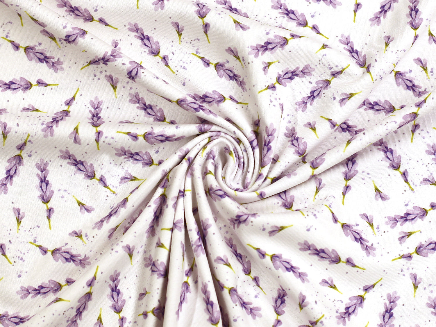 leichter Jersey Stoff Aquarell Lavendel mit floralem Muster in lila und grün auf hellem Hintergrund.