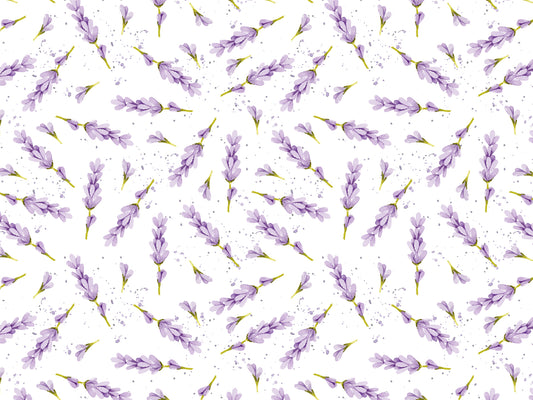 leichter Jersey Stoff Aquarell Lavendel mit zarten Lavendelblüten auf weißem Hintergrund