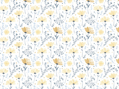 stoff-jersey-baumwolle-baumwolljersey-blumen-floral-klein-blueten-blaetter-schlicht-sommer-fruehling-gelb-blau