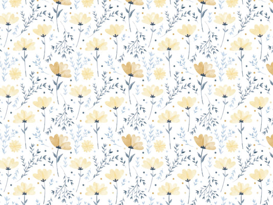 stoff-jersey-baumwolle-baumwolljersey-blumen-floral-klein-blueten-blaetter-schlicht-sommer-fruehling-gelb-blau
