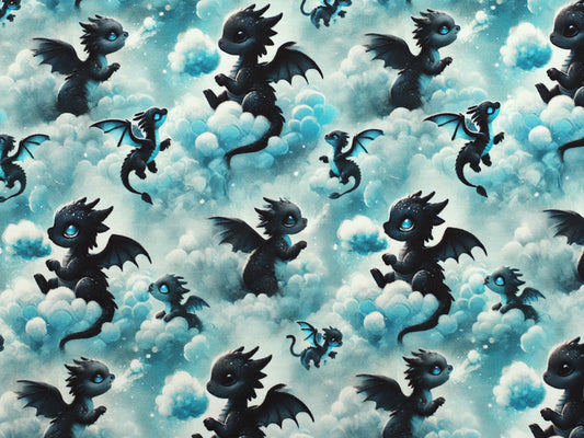 Jersey Stoff - Drache & Wolken