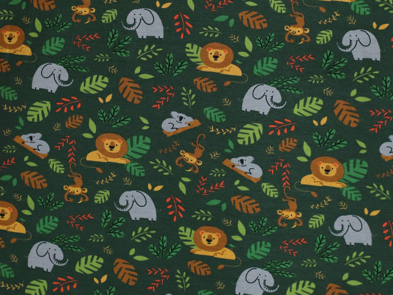 stoff-jersey-baumwolle-baumwolljersey-dschungel-jungle-safari-tiere-wildtiere-wild-life-elefant-loewe-koala-affe-blaetter-dunkelgruen