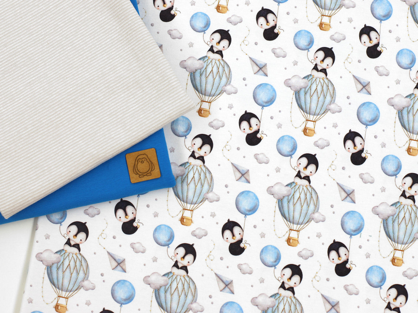 Jersey Stoff - Pinguin und Heißluftballon